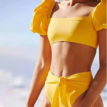 Düz Renk Puf Kollu Kravat Bölünmüş Moda Bikini Puf Kollu Orta bel İki Parçalı Mayo Kadın mayo Yaz Beachwear