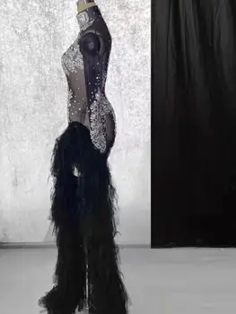 Düzensiz Siyah Mesh Pullu Rhinestones Yarık Uzun Elbise Bar Sahne Performansı Seksi Şeffaf Kostüm Doğum Günü Partisi Kutlamak