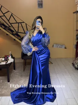 Eightale Akşam Elbise Düğün Parti için V Boyun Mavi Glitter Uzun Kabarık Kollu Mermaid Saten Arapça Ünlü Balo elbisesi