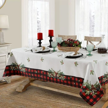 Ekose çelenk sınır Noel masa örtüsü dikdörtgen yemek masası leke dayanıklı dekoratif Yeni Yıl yemeği masa örtüsü