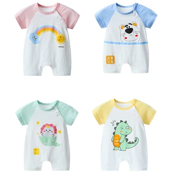 Erkek bebek Kız Giysileri Yaz Kısa Kollu Tulum Bebek Erkek Kız Elbise Karikatür Pamuk Tulum Toddler Pijama Parça Kıyafet