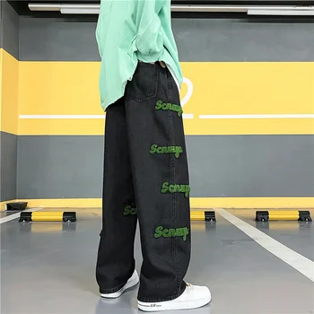 Erkek Kot Vintage Nakış Yüksek Sokak Denim Pantolon Moda Ins Hip Hop Gevşek Düz Tüp Geniş Bacak Pantolon Erkek Giyim