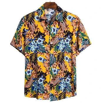 Erkek Pamuk Polyester Yaz Kısa Kollu Gömlek Tropikal Yaprak Desen Hawaiian Plaj Erkek Gömlek Casual Bluz Erkekler İçin
