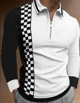 Erkek Siyah Beyaz Çizgili Ekose Rahat Sonbahar Uzun Kollu polo gömlekler Erkekler Erkek Tee Gömlek Tops Golf Giyim Giysileri erkekler İçin 2022