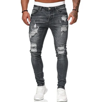 Erkek Yırtık Skinny Jeans Mavi Slim Fit Delik kalem pantolon Biker günlük pantolon Streetwear 2020 Yüksek Kaliteli Denim Erkek Giyim