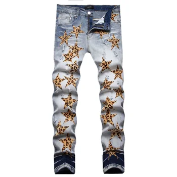 Erkekler Denim Kot Erkekler için Nakış Yıldız Patchwork Yırtık Kot Slim Fit Lüks Delik Pantolon Hip Hop Hombre Streetwear Pantolon