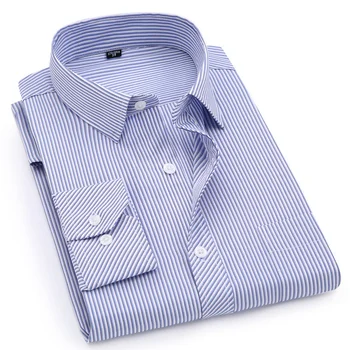 Erkekler Iş Rahat Uzun Kollu Gömlek Klasik Çizgili Resmi Erkek Sosyal Elbise Düğme Gömlek Slim Fit Büyük Boy 2XL 3XL 4XL