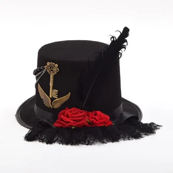 Erkekler Kadınlar El Yapımı Steampunk silindir şapka Dişli Cosplay Şapkalar Kırmızı Gül Zincir Sihirli Şapka