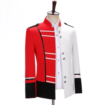 Erkekler Splice Tasarım Kırmızı Beyaz Standı Yaka Blazers Avrupa Mahkemesi Sahne Askeri Üniforma Kostüm Bar Şarkıcı Konak Performans Ceket