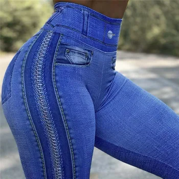 FCCEXIO Yırtık Kot 3D Baskı Kadın Pantolon Push Up Koşu Spor Tayt İnce Pantolon Kadın Rahat Pantolon Spor Seksi Legging
