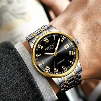 FNGEEN Saatler Yeni Erkekler Mekanik İzle Moda İş Paslanmaz Çelik Altın Kaplama Saat Basit Takvim Ekran Reloj Hombre