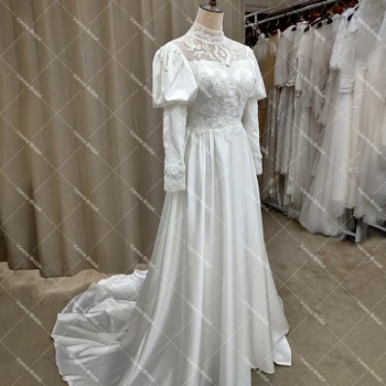 Fransız Vintage Yüksek Boyun düğün elbisesi Uzun Kollu Saten Aplikler Boncuk Bir Çizgi Custom Made Hepburn Fermuar Retro gelinlikler
