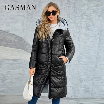 GASMAN Kışlık Mont Kadın Slim Fit Klasik Tasarım Uzun Kapşonlu Kalınlaşmış Sıcak Aşağı Ceket Rahat Cep Bayanlar Parka LD-21103