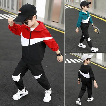Genç Erkek Eşofman Bahar Sonbahar günlük kıyafetler Seti Yürümeye Başlayan Çocuk Çocuk Giyim Seti Çocuklar Patchwork Hoodie Kıyafet Suit
