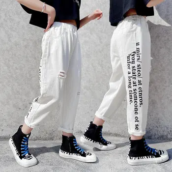 Genç Kızlar Beyaz Kot Pantolon 2021 Bahar Yeni Moda Pamuk Mektup Baskı Yırtık Kore Tarzı Kot Çocuk Giysileri 4-14Yrs