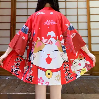 Gevşek Plaj Hırka Asya Moda Kırmızı Siyah Şanslı Kedi Kadın Harajuku Japon Kimono Cosplay Tarzı Üstleri Bluz Yukata Giyim