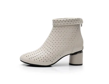 GKTINOO yarım çizmeler Fermuar Ayakkabı Hollow Out Moda Bayanlar Yüksek Topuklu Yuvarlak Ayak Hakiki Deri Yaz Ayakkabı
