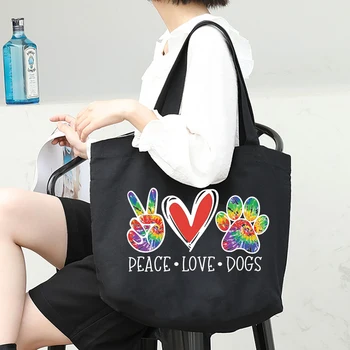 Gökkuşağı Barış Aşk Köpekler Paws Moda Kadın Fermuar Alışveriş Tote Çanta Öğrenci Tuval Kullanımlık Büyük Depolama Köpek Anne Seyahat Çantaları