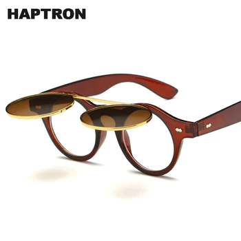 HAPTRON Vintage SteamPunk Flip Up Güneş Gözlüğü Kadın 2018 Çift Katmanlı Kapaklı Yuvarlak güneş gözlüğü Erkek Unisex óculos okulary