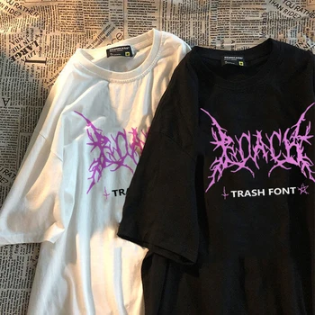 Harajuku Hip Hop Baskı Kısa Kollu O-Boyun Giyim Yaz kawaii Üstleri Kadın T-shirt Yıldırım Punk Goth Büyük Boy T-shirt