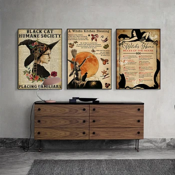 Hediyeler Cadılık Vintage Cadılar Sihirli Bilgi Posteri Kedi Kız Boyama Duvar Sanatı Ev Dekorasyon Kawaii Odası Dekor Tuval Poster