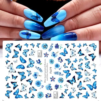 Holografik Kelebekler Çivi Sanat Manikür Çıkartmalar Mavi Siyah Çıkartmaları Bahar Tema Çiçekler Tırnak Dekorasyon Manikür CHF672-681