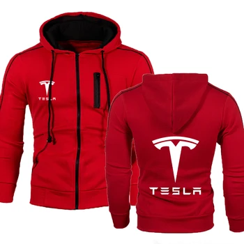 Hoodies Erkekler Tesla araba logosu Baskı Rahat Hip Hop Harajuku Düz renk Kapşonlu Erkek Polar Tişörtü fermuarlı ceket Erkek Giyim