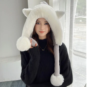 HT4126 Yeni Moda Kış Şapka Kadınlar için Kalın Sıcak Rus Kürk Şapka Yumuşak Polar Kış Kulaklığı Kap Kadın Sevimli Kedi Kulaklar Ponponlar Kayak Kap