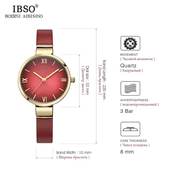 IBSO Üst Marka Moda Kırmızı İzle Kadınlar Hakiki Deri Kayış Kadın Saatler Analog Kuvars Kol Saati Su Geçirmez Montre Femme