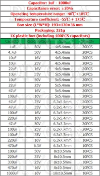 IGMOPNRQ 1UF~1000UF 6.3 V-50V 400 Adet 24 Değer SMD Alüminyum Elektrolitik Kapasitörler Çeşitler Kiti + Kutu