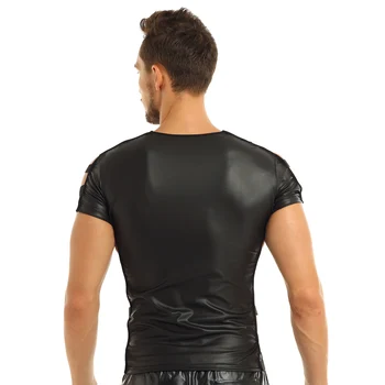 ıiniim Erkek parti tişörtü Suni Deri Clubwear Rave Kostüm Cut Out Elastik Bant Moda Kazak Slim Fit Kas t-shirt