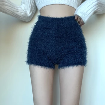 Ilkbahar Sonbahar Sahte Vizon Saç Örgü Şort Kadınlar İçin Yüksek Bel İnce Tüylü kısa pantolon Bayan Streetwear Faux Kürk Şort
