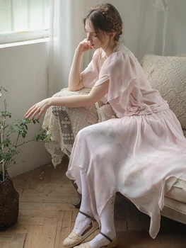 Ilkbahar yaz elbisesi Kadın Kore Tatlı Zarif İnce Pembe Elbise Vintage Nakış Sevimli Düzensiz Midi Elbise elbiseler kadınlar için