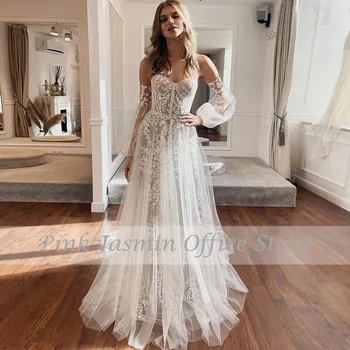 Illusion düğün elbisesi 2022 Uzun Kollu A-Line Sevgiliye gelin kıyafeti Boho Dantel Aplikler Illuison Vestido De Noiva Custom Made