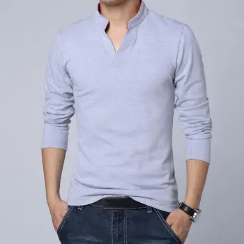 Ince Gömlek Slim Fit Rahat Düz Renk Üst V Boyun Standı Yaka Uzun Kollu Erkek T-uyar