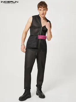 INCERUN Amerikan Tarzı Yakışıklı Yeni Erkek Moda Örgü Fermuar Tulum Casual Streetwear Dikiş Renk Kolsuz Tulumlar S-5XL
