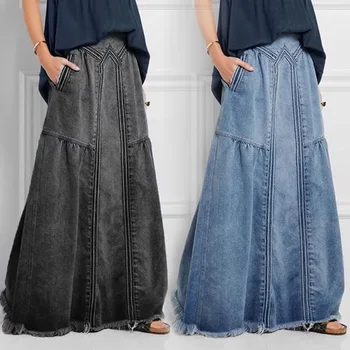 İlkbahar Yaz Moda Maxi Uzun Etekler Kadın Kot Etekler Casual Maxi Elastik Bel Cepler Katı kadın Etekler Mavi Büyük Boy