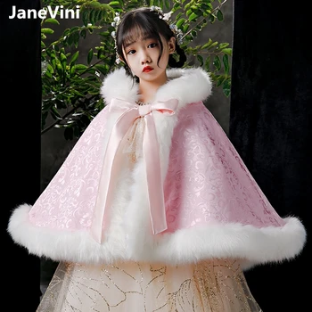 JaneVini Yeni Varış 2021 Çiçek Kız Kapüşonlu Pelerin Bolero Kış sıcak Pembe Faux Kürk Şal Wrap Omuz Pelerin düğün elbisesi Ceket