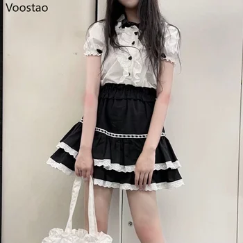 Japon Gotik Lolita Prenses Etekler Kadınlar Sevimli Dantel Ruffles Yüksek Bel Öğrenci Mini Etek Kore Girly Tatlı Y2k Parti Etek