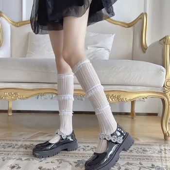 Japon Tarzı Dantel Fırfır Uzun Çorap JK Lolita Tatlı Kızlar Sevimli diz üstü çorap Katı Siyah Beyaz Dantel Uyluk Yüksek Çorap