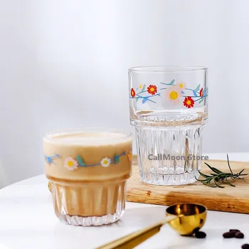 Japon Tarzı Papatya Çiçek Baskılı Şeffaf Yaratıcı Cam Kahve Çay İçecekler Tatlı Kahvaltı süt Kupası Cam Kupalar Drinkware
