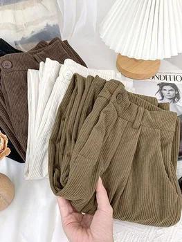 JMPRS Yüksek Bel Kadın Kadife Pantolon Vintage Güz Düz Nedensel Pantolon Kahve Cepler Tüm Maç Rahat Bayanlar Pantolon Yeni