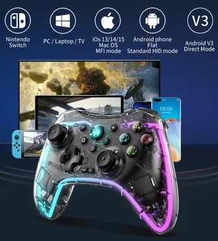 Kablosuz BT Şeffaf LED Işıklı Gamepad NS Anahtarı Konsol Oyun Denetleyicisi Joystick Anahtarı PS3 PS4 Android PC Cihazı