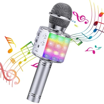 Kablosuz karaoke mikrofonu Bluetooth uyumlu el hoparlör ev KTV oyuncu dans LED ışıkları kayıt fonksiyonu