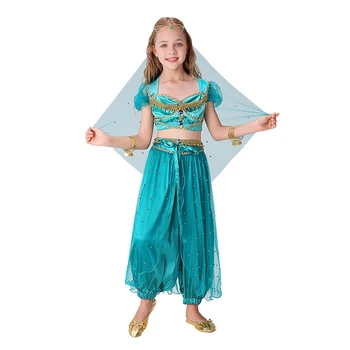 Kadife Cadılar Bayramı Noel Çocuk Oryantal Dans Yasemin Prenses Kostümleri Çocuklar Bollywood Kostüm 3 Parça Set Üst Pantolon Peçe