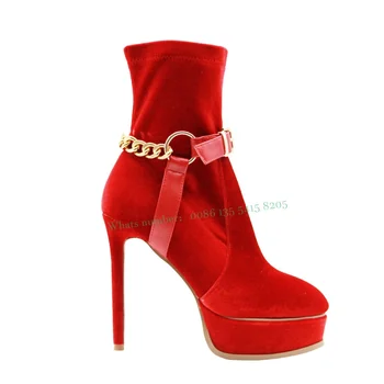 Kadife Kırmızı Stiletto Topuklu yarım çizmeler Toka Yuvarlak Ayak Platformu Zincir Dekor kadın Kısa Patik 2023 Yeni Zarif rahat ayakkabılar