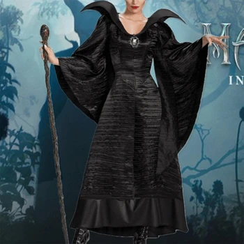 Kadın Cadılar Bayramı Film Siyah Uzun elbise Evil Kraliçe Cadı Elbise Cosplay Boynuz Şapka
