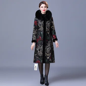 Kadın Deri Ceket Kış Yeni Artı Kadife Sıcak İnce Büyük Kürk Yaka Kapşonlu Uzun Deri Ceket Kadın Giyim XL-6XL