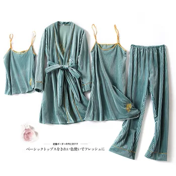 Kadın Kadife 4 ADET Pijama Seti Seksi Nakış Pijama Kimono Bornoz Elbisesi Sonbahar Kış Kadife Kıyafeti Gevşek Ev Giyim
