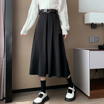 Kadın Kore İnce Uzun Etekler Bayan Sonbahar Kış Moda Harajuku Yüksek Bel A-Line Katı Etek Kadın Streetwear Kemer ile